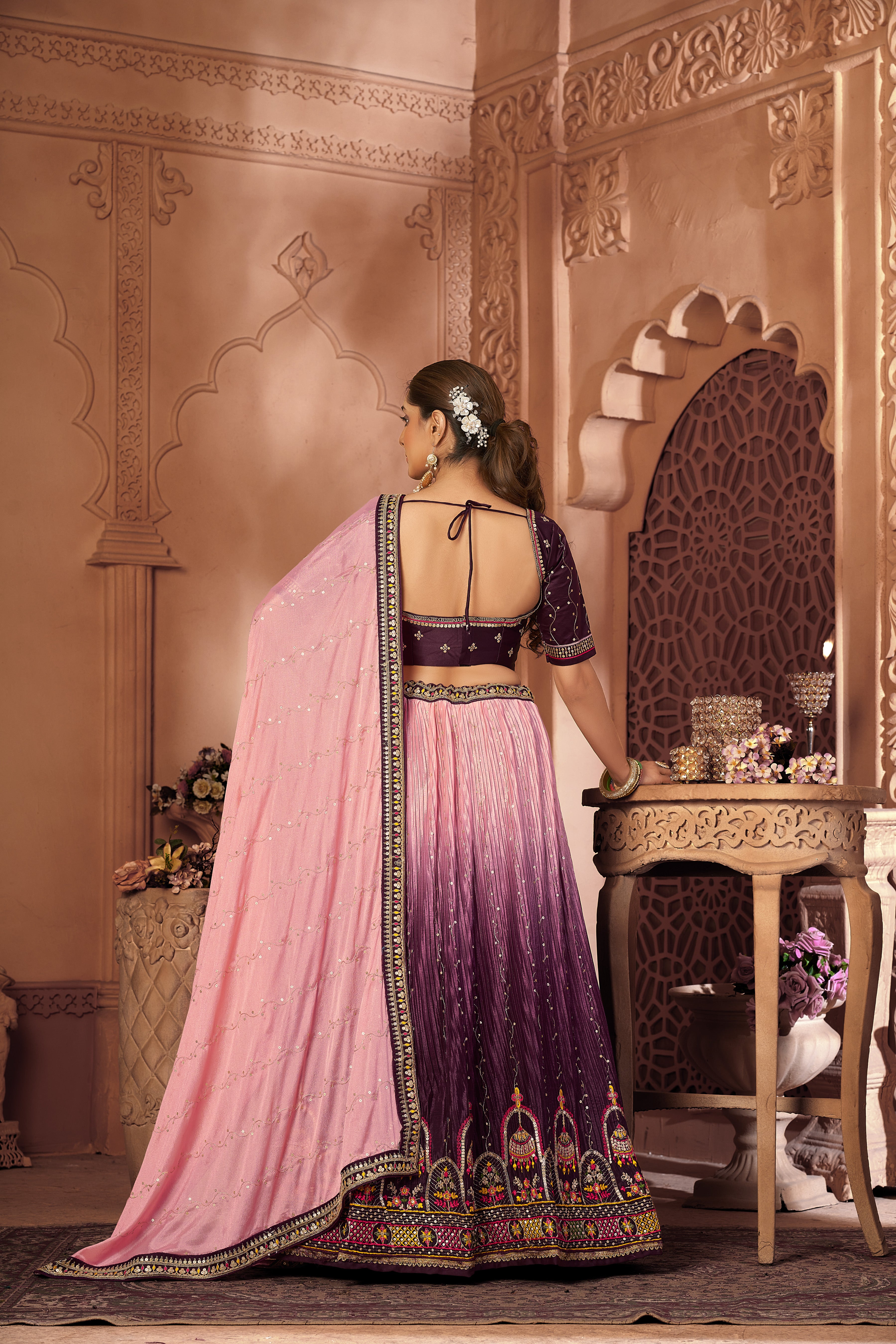 Pink And Purple Thread Designer Long Semi-Stitched Lehenga Choli