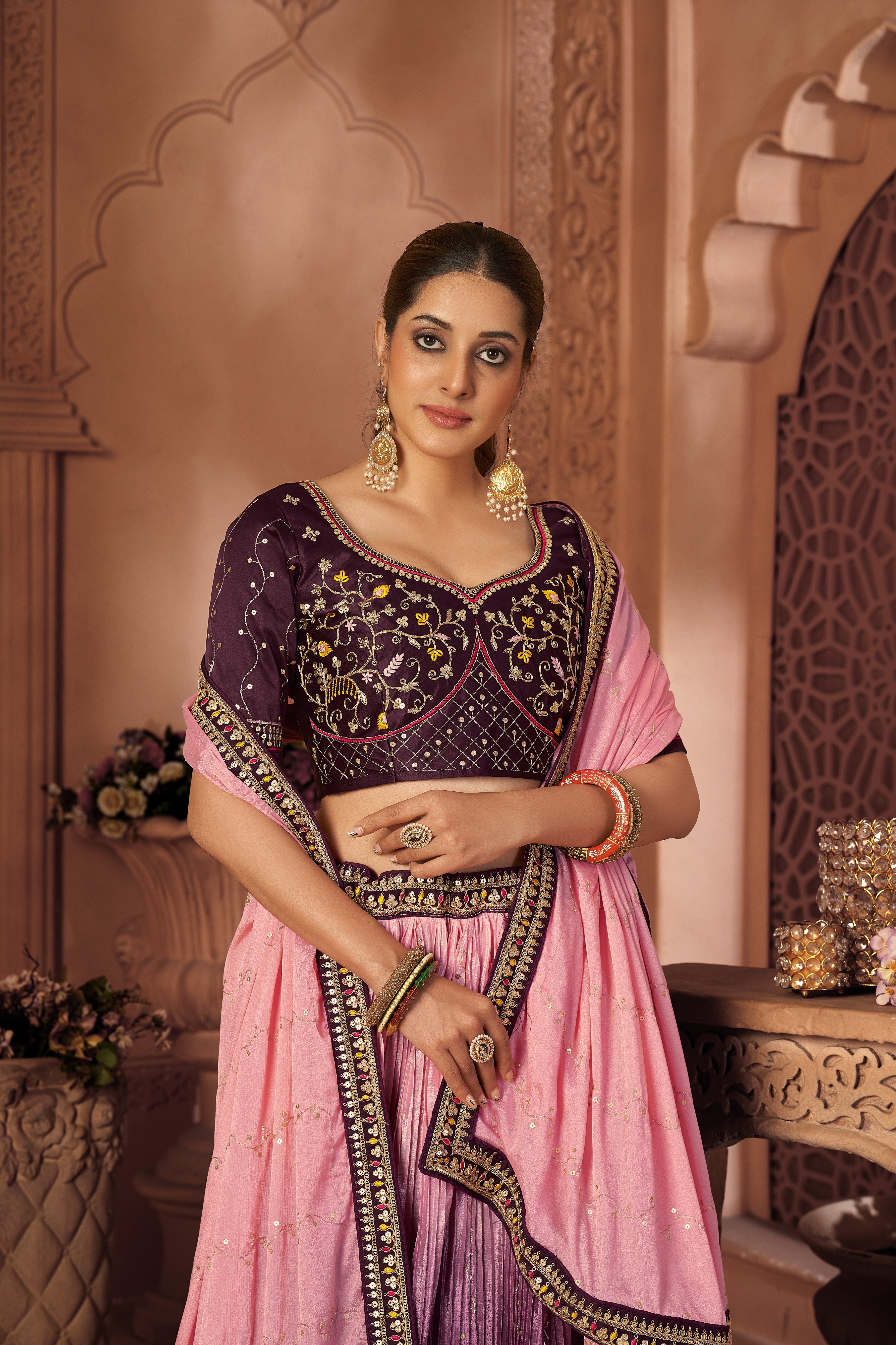 Pink And Purple Thread Designer Long Semi-Stitched Lehenga Choli