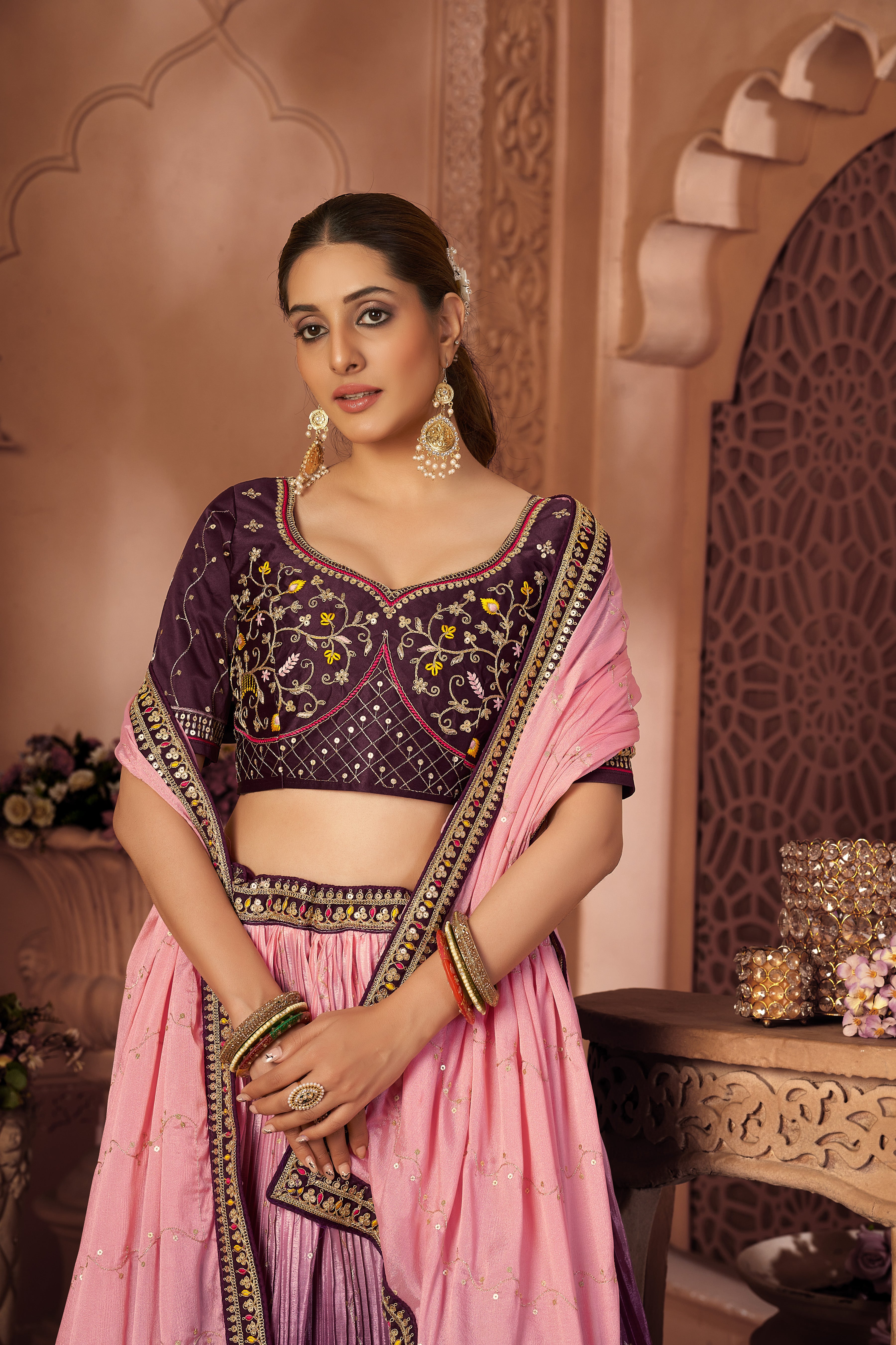 Pink And Purple Thread Designer Long Semi-Stitched Lehenga Choli
