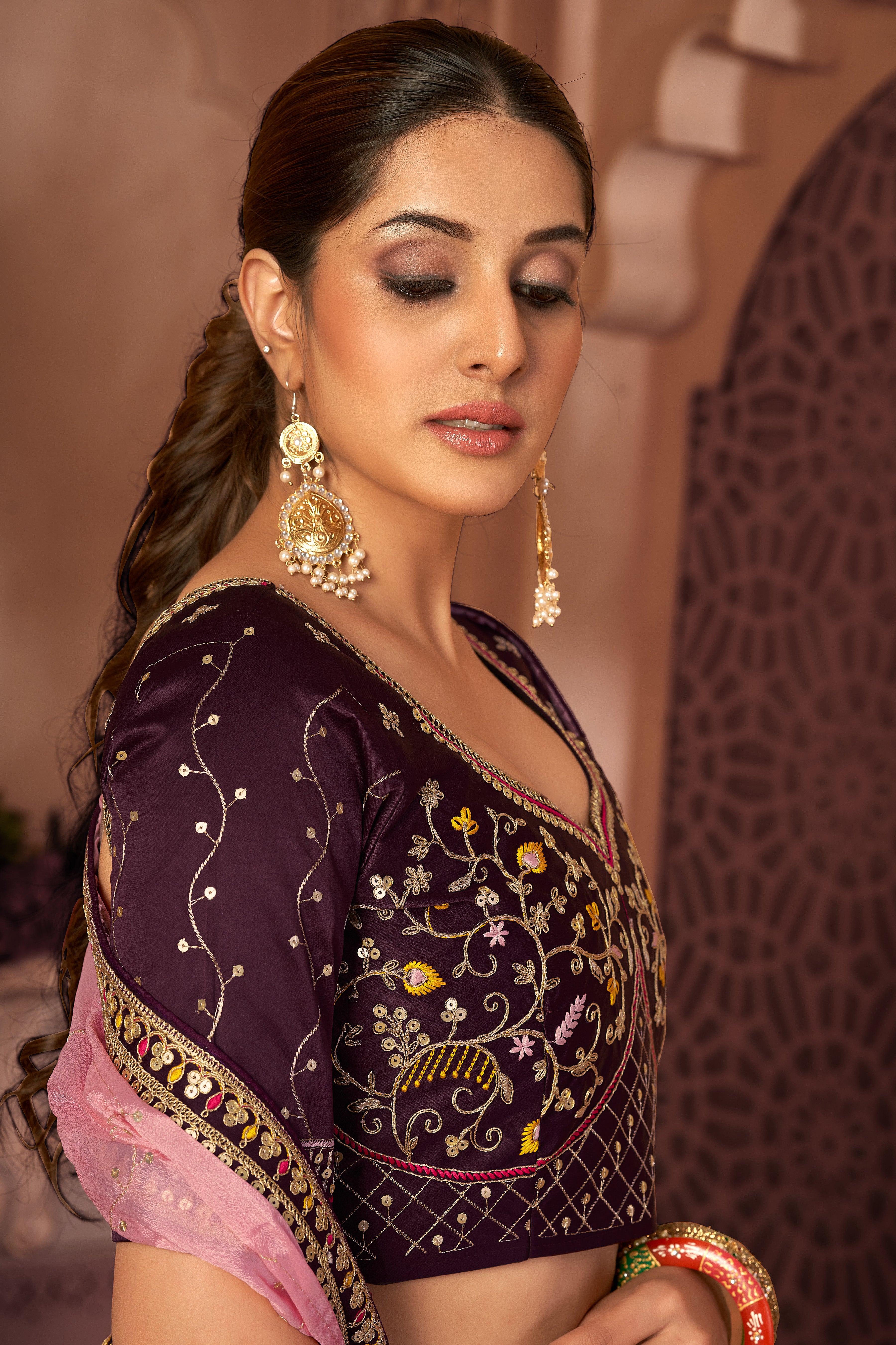 Pink And Purple Thread Designer Long Semi-Stitched Lehenga Choli