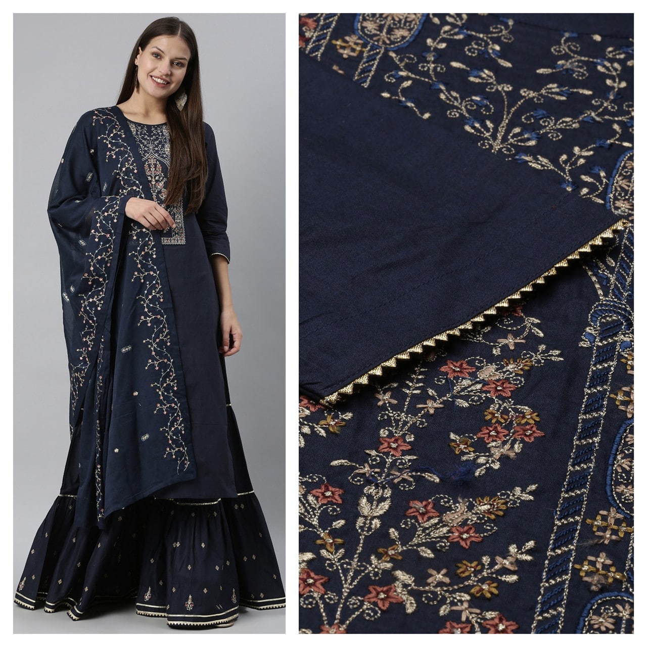 Navy Blue Pure Cotton With Ethnic Motif Zari Embroidery