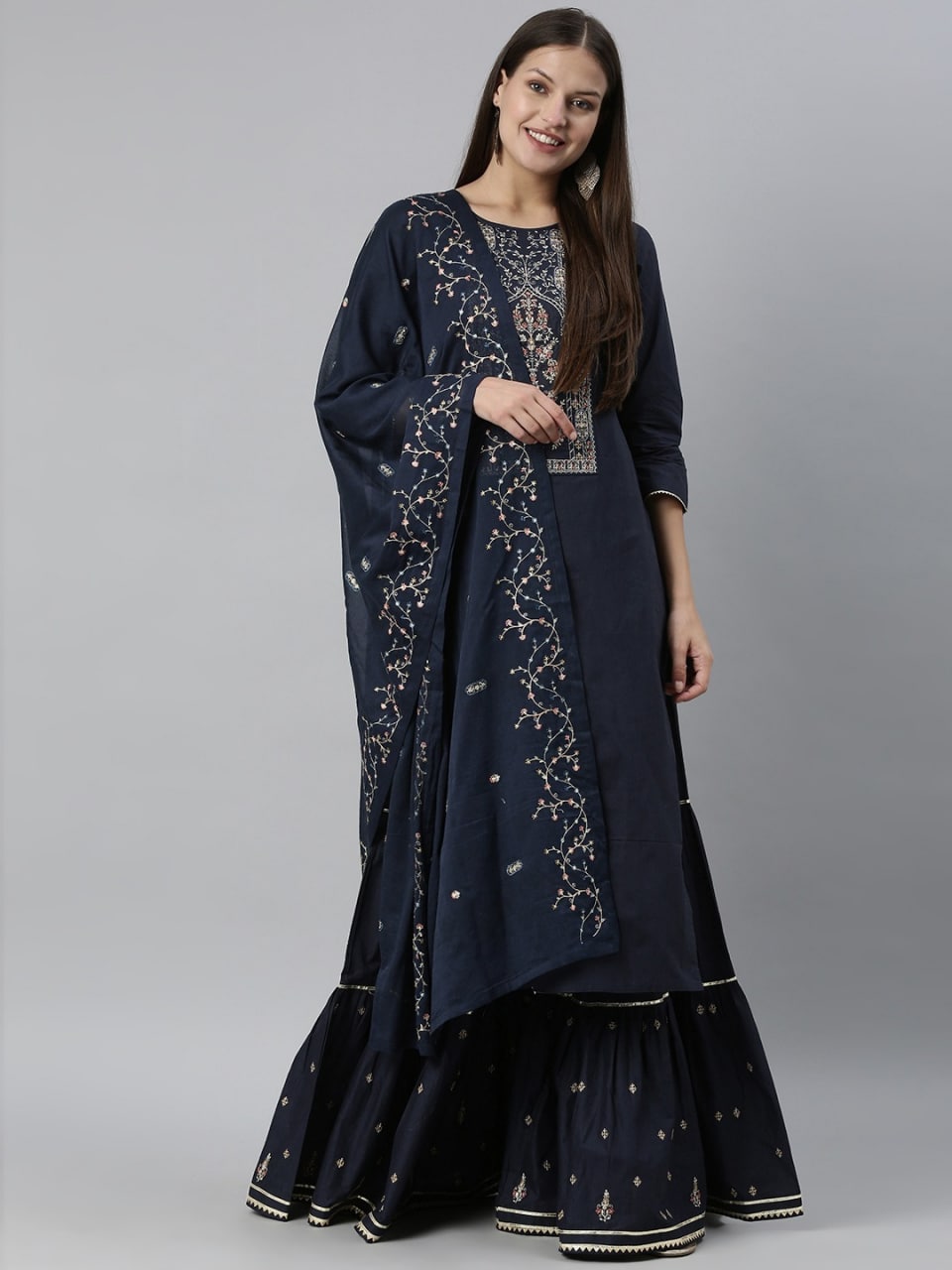 Navy Blue Pure Cotton With Ethnic Motif Zari Embroidery