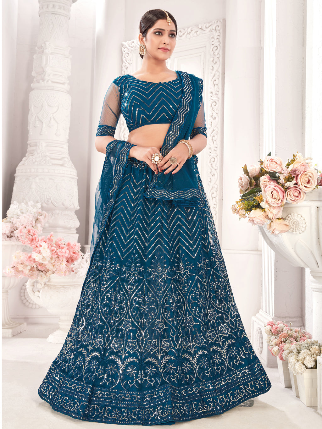 Teal Sequance work heavy semi-stitched lehengha choli