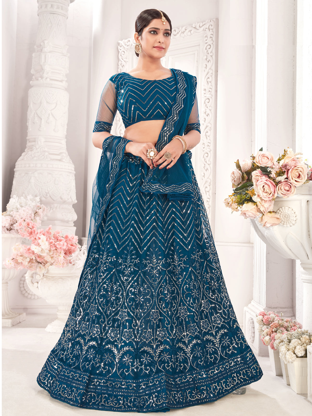 Teal Sequance work heavy semi-stitched lehengha choli