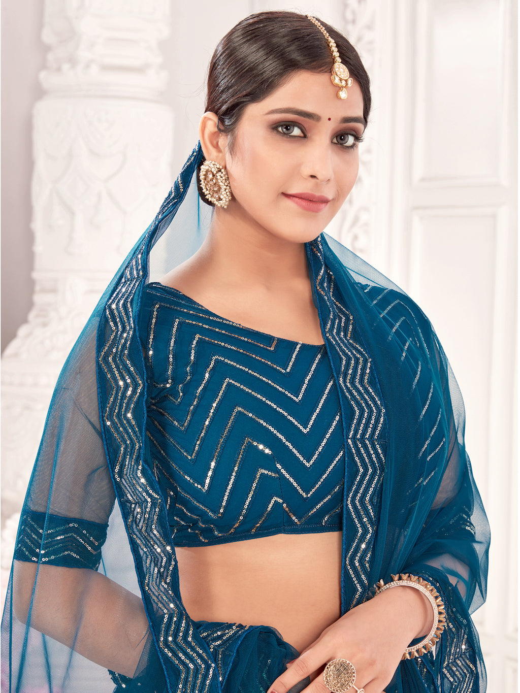 Teal Sequance work heavy semi-stitched lehengha choli