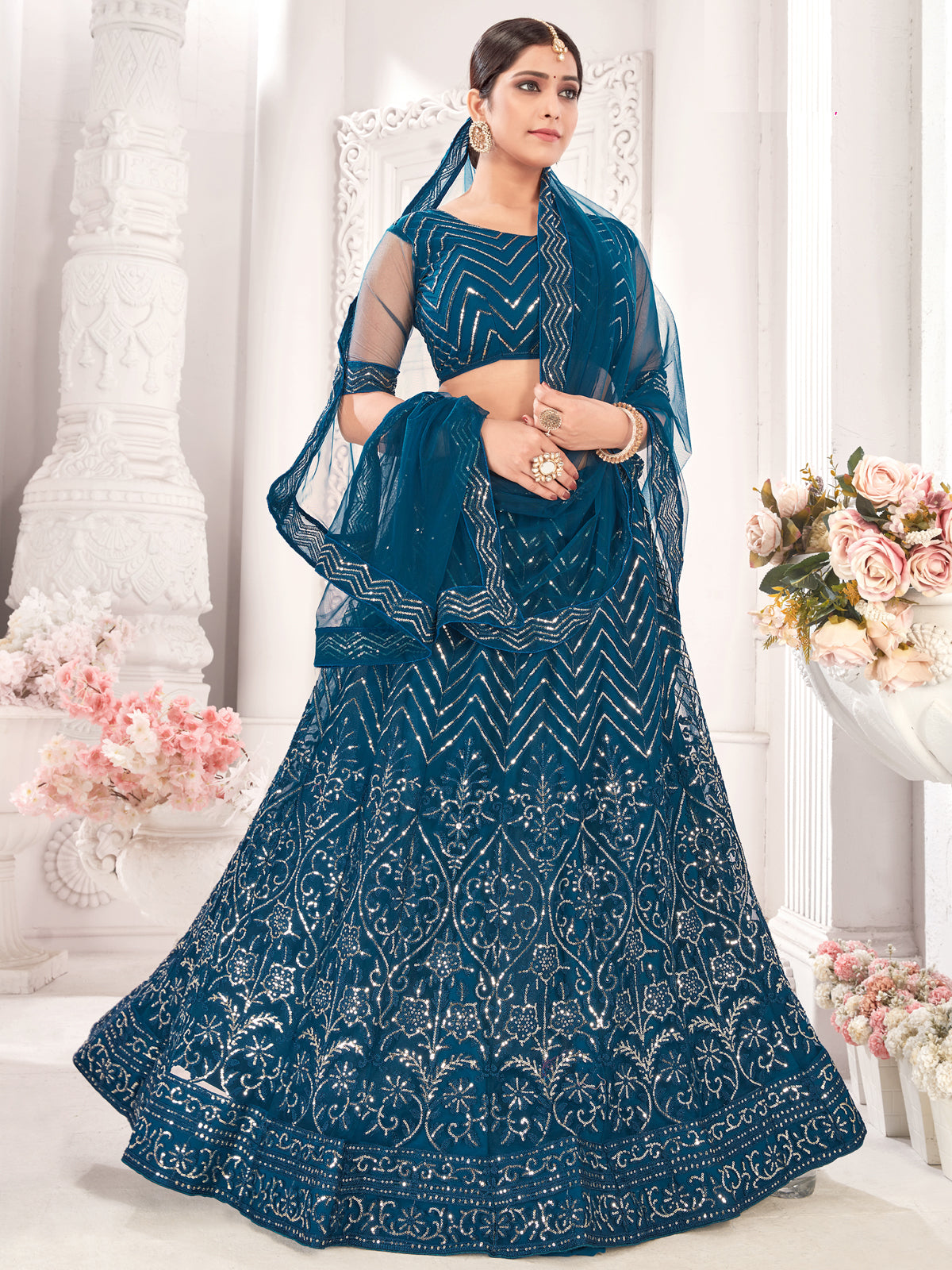 Teal Sequance work heavy semi-stitched lehengha choli