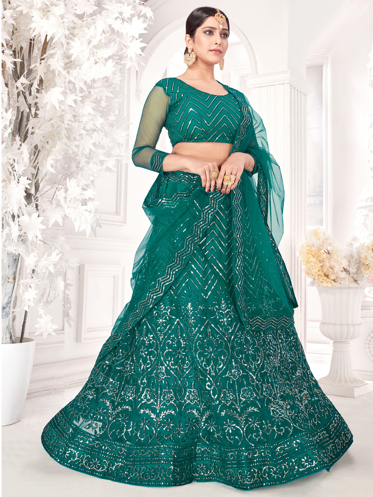 Green Sequance work heavy semi-stitched lehengha choli