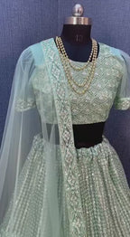 Sea Green Net with Cancan Heavy Sequence Embroidered Work Semi-Stitched Lehenga Choli