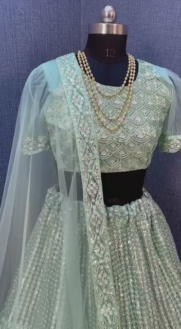 Sea Green Net with Cancan Heavy Sequence Embroidered Work Semi-Stitched Lehenga Choli