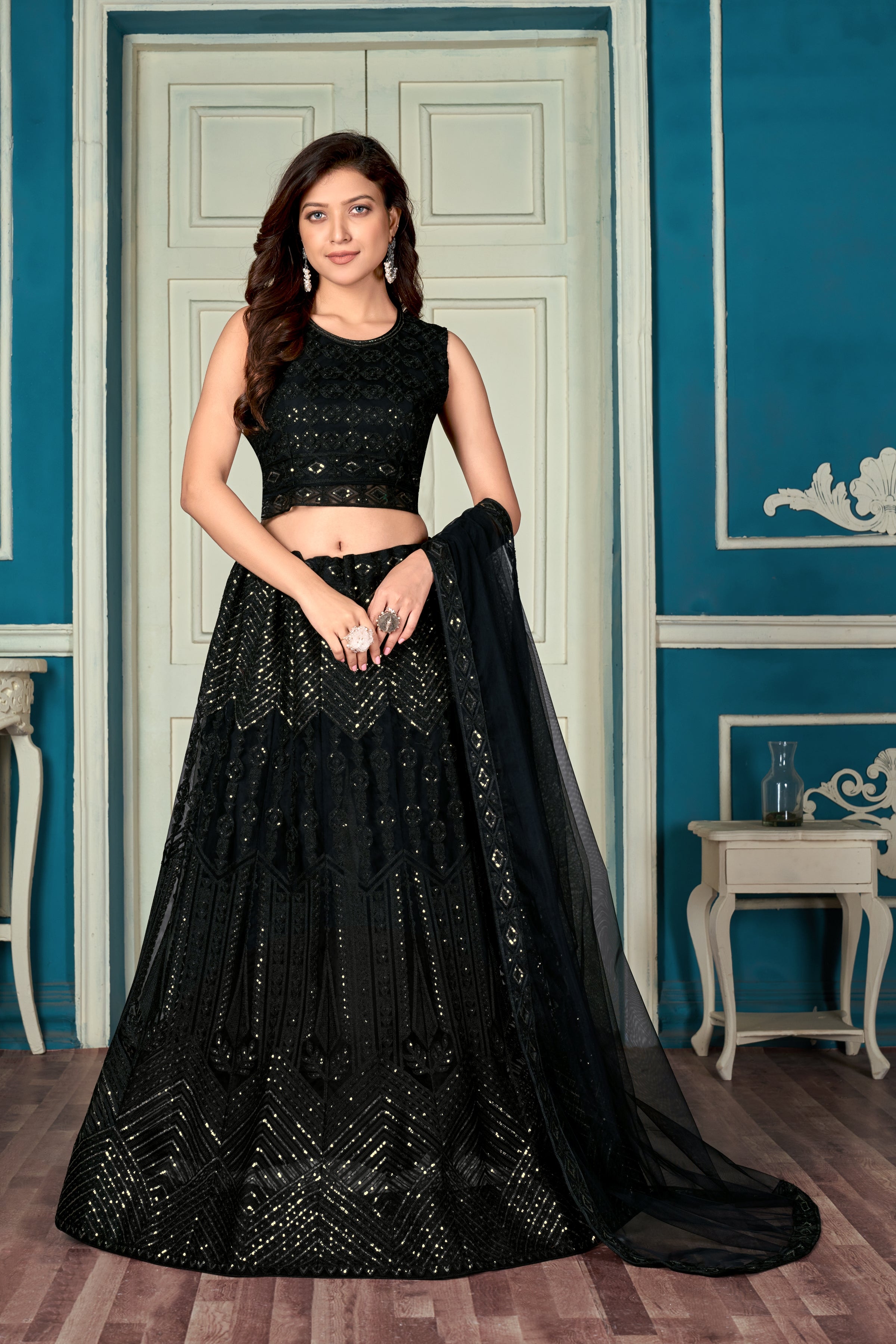 Black Sequance work heavy semi-stitched lehengha choli