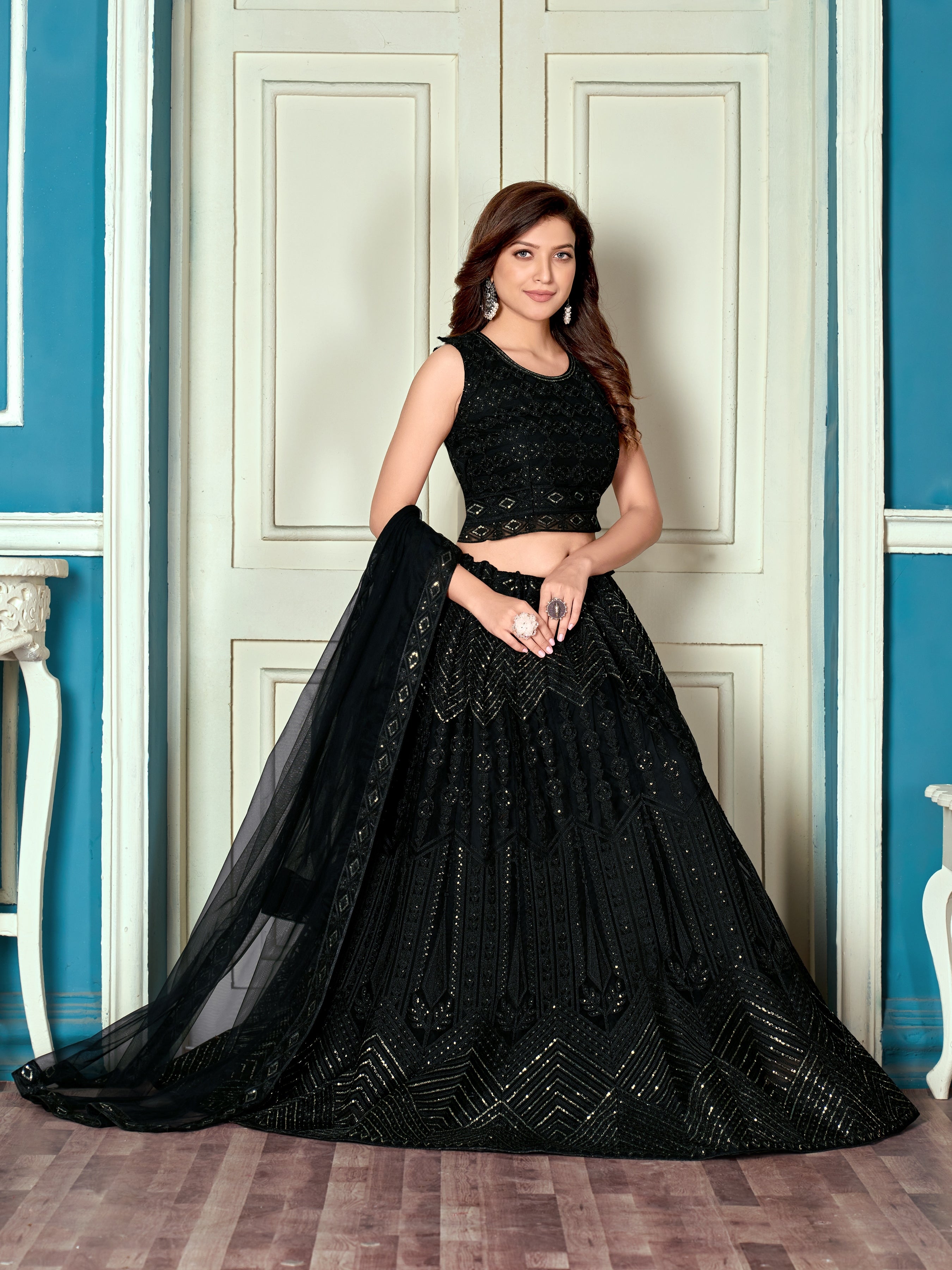 Black Sequance work heavy semi-stitched lehengha choli