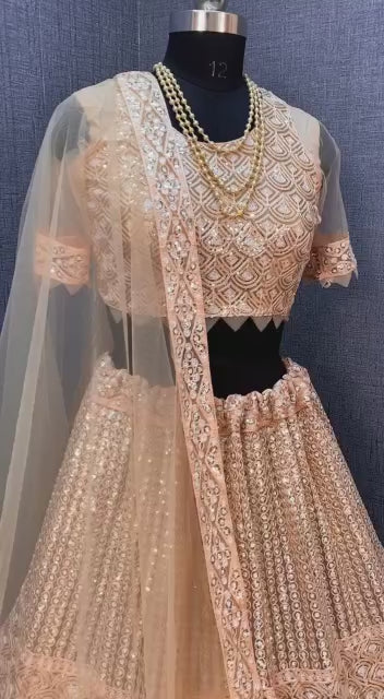 Peach Net with Cancan Heavy Sequence Embroidered Work Semi-Stitched Lehenga Choli