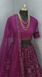 Purple Heavy Net With Printed Embroidered work Semi-Stitched Lehenga Choli