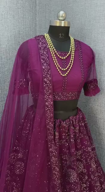 Purple Heavy Net With Printed Embroidered work Semi-Stitched Lehenga Choli
