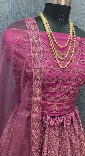Pink Heavy Net With Sequence Embroidery Work Semi-Stitched Lehenga Choli