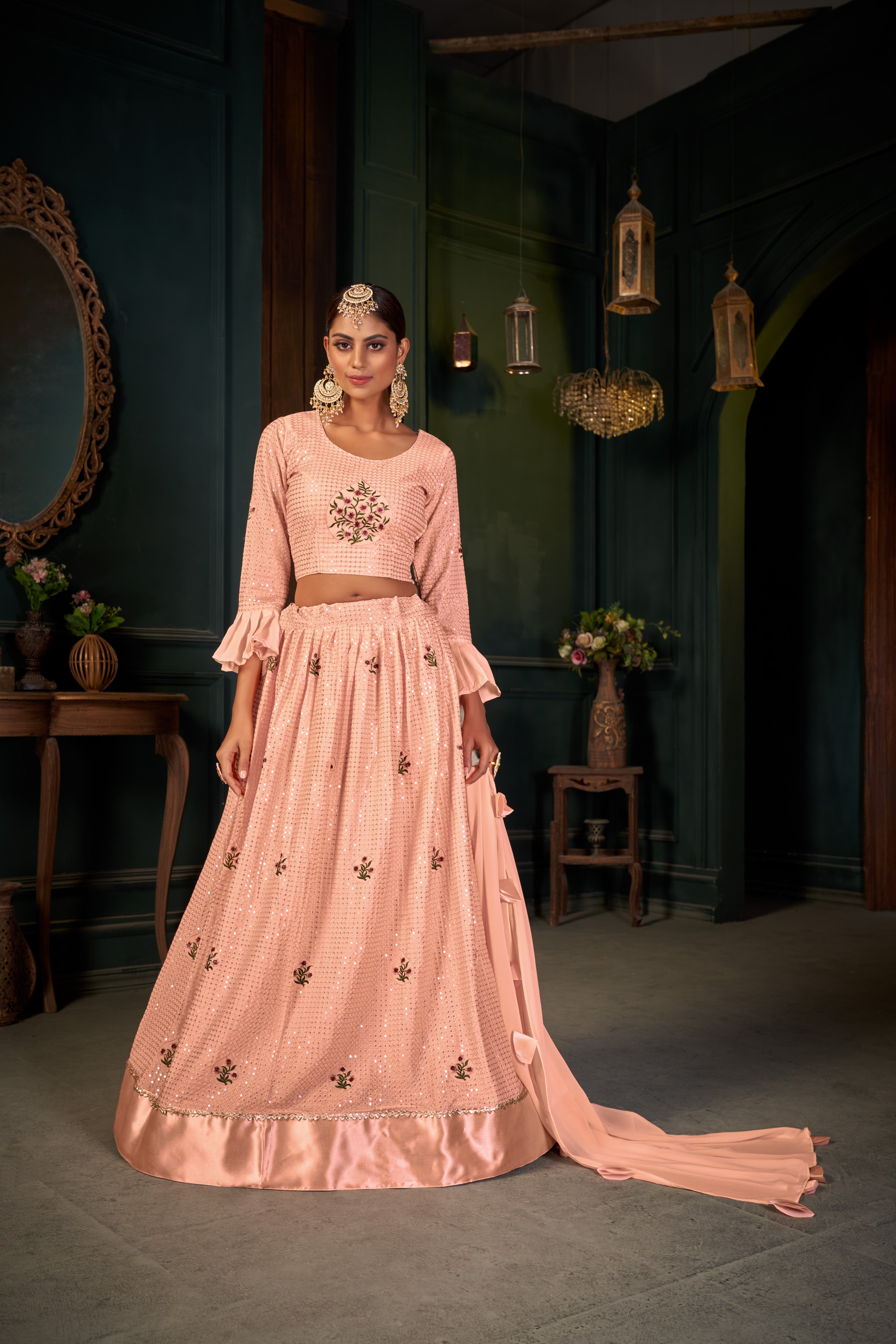 Peach Georgette Sequance work heavy semi-stitched lehengha choli