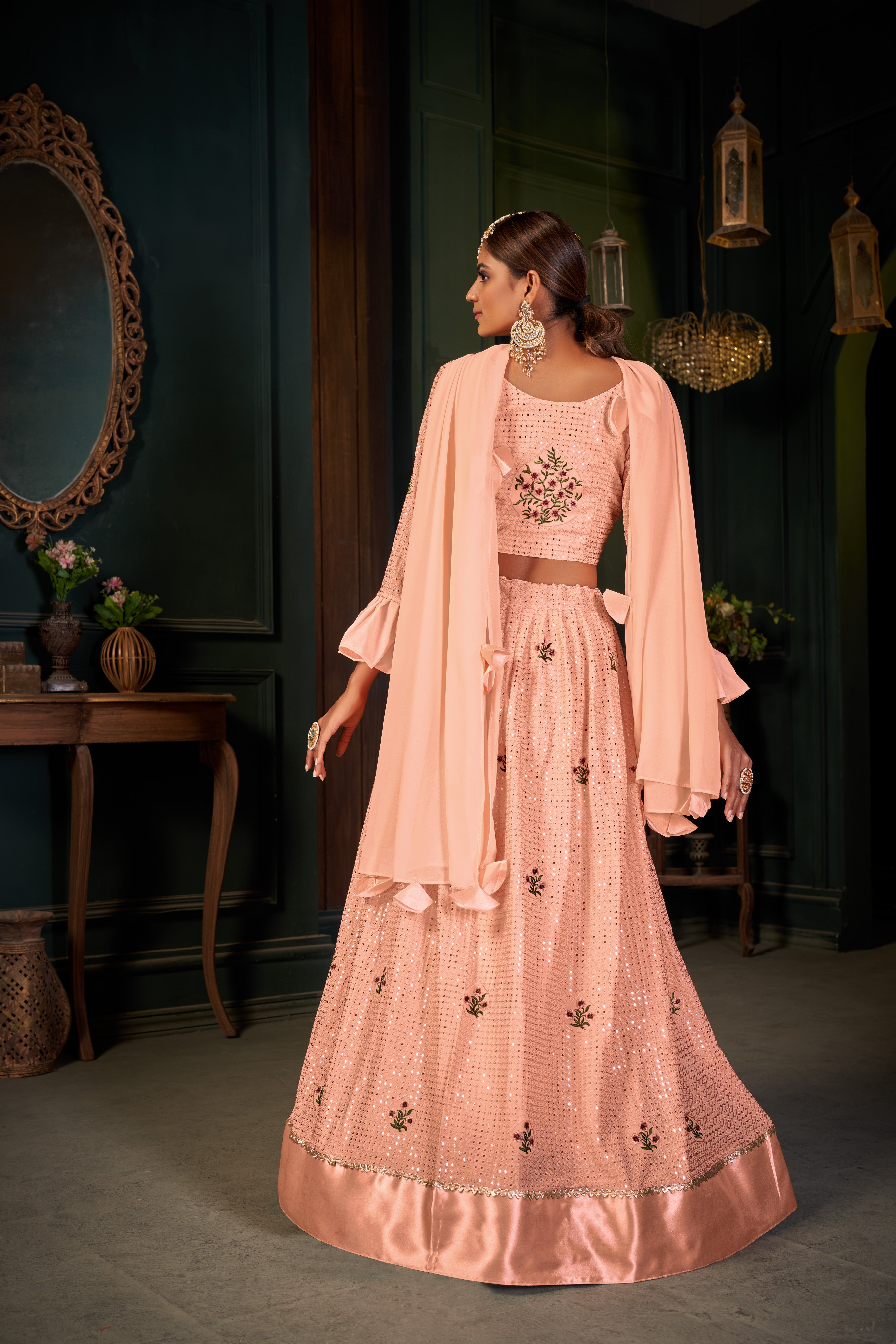 Peach Georgette Sequance work heavy semi-stitched lehengha choli