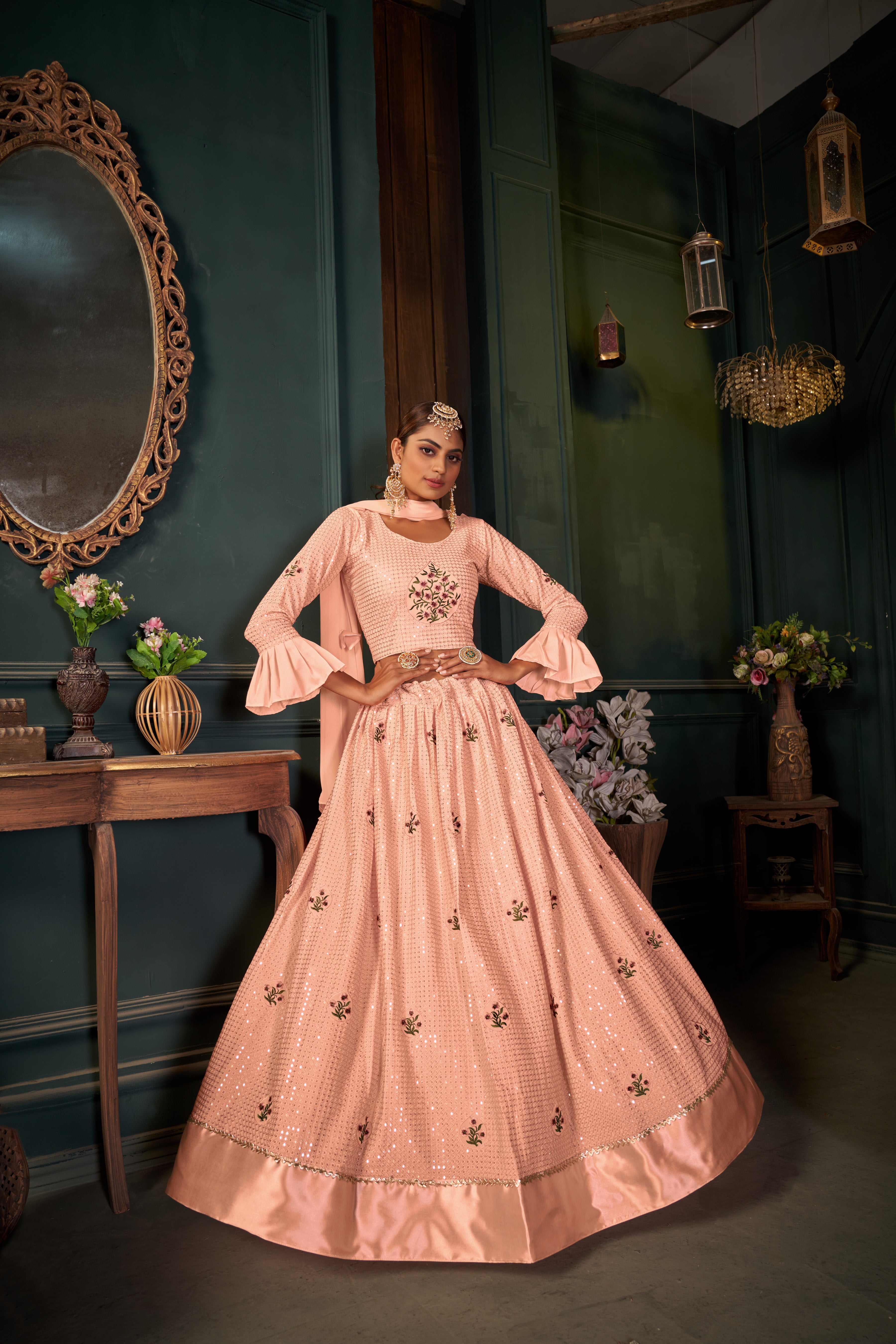 Peach Georgette Sequance work heavy semi-stitched lehengha choli