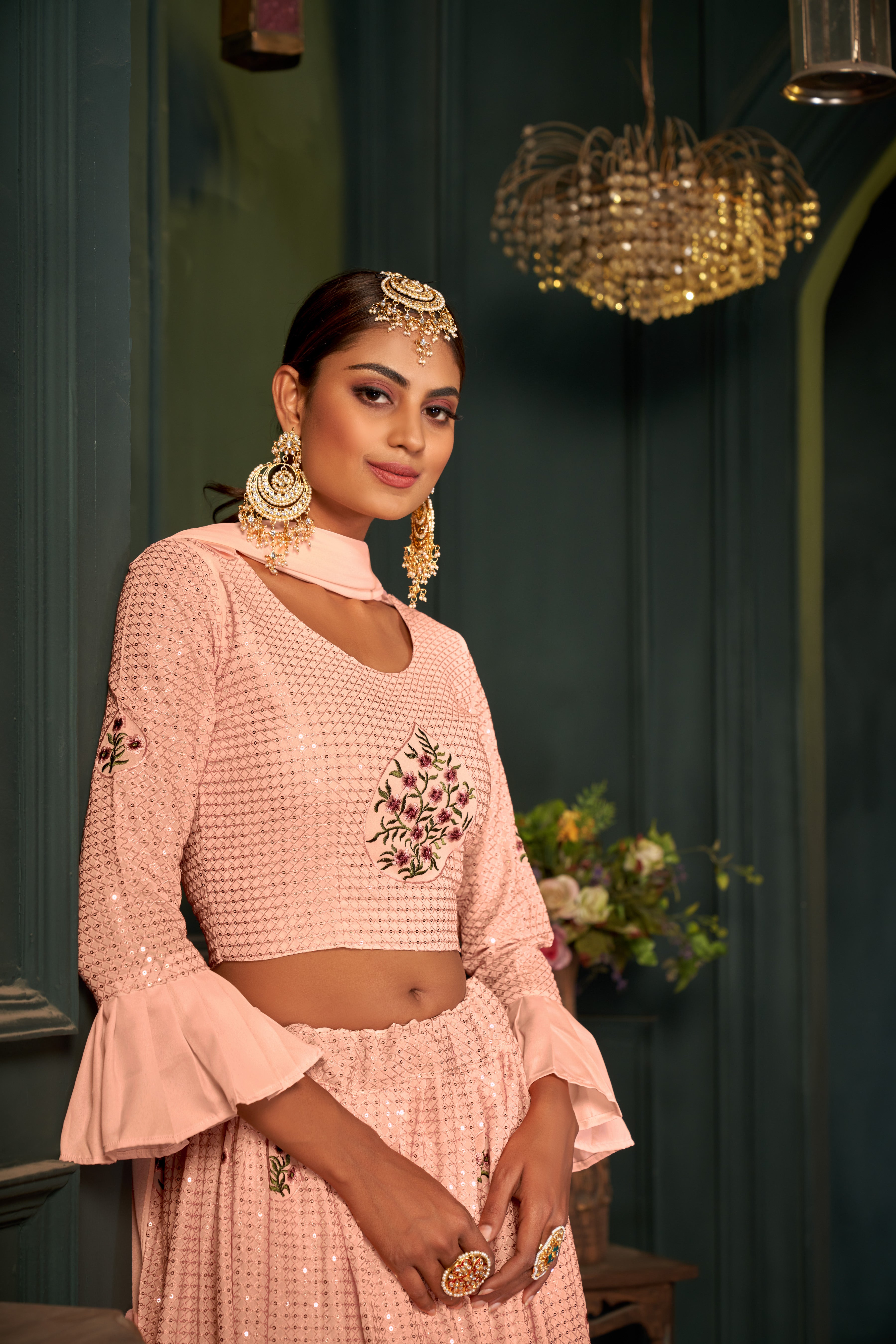 Peach Georgette Sequance work heavy semi-stitched lehengha choli