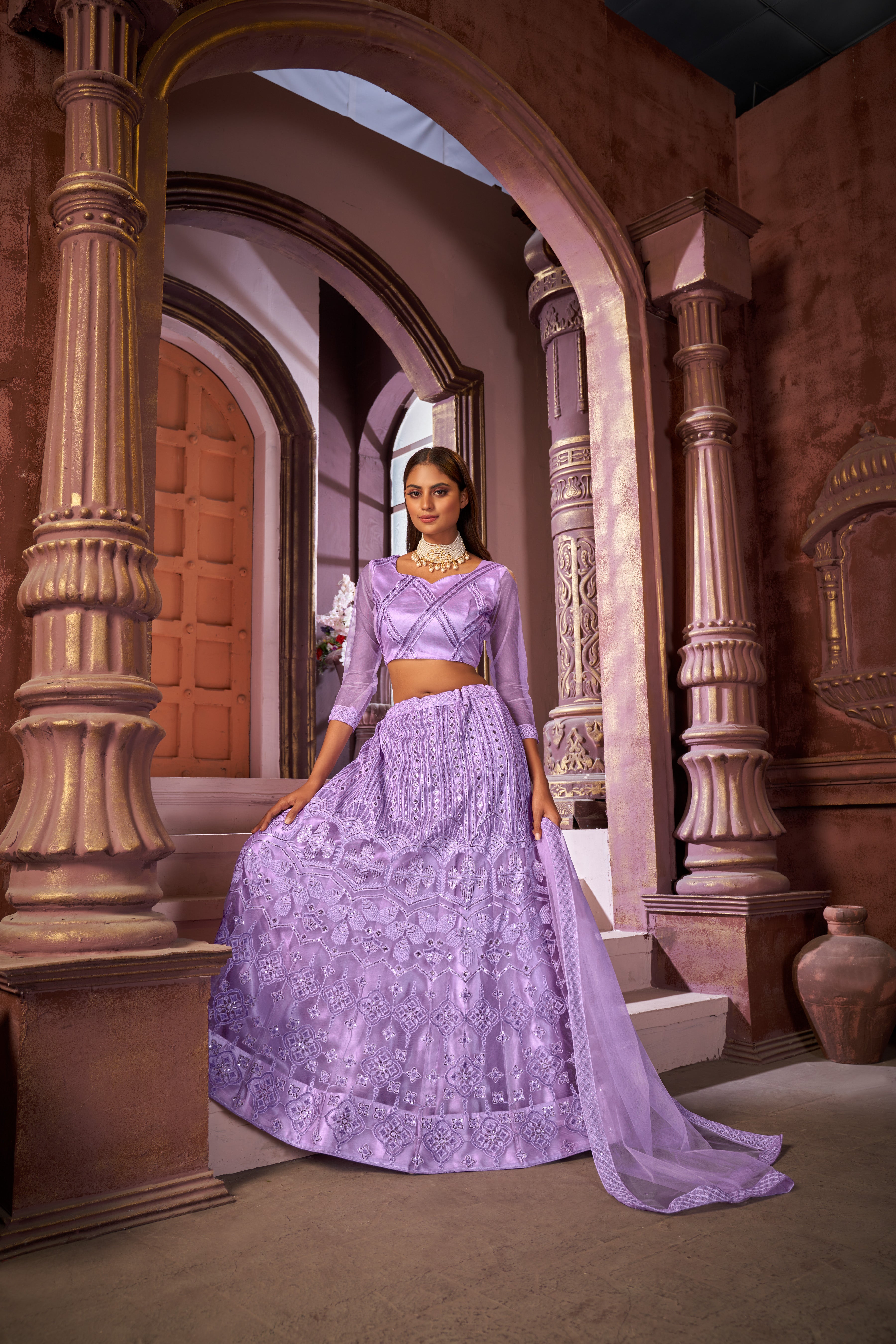 Lavender Sequance work heavy semi-stitched lehengha choli