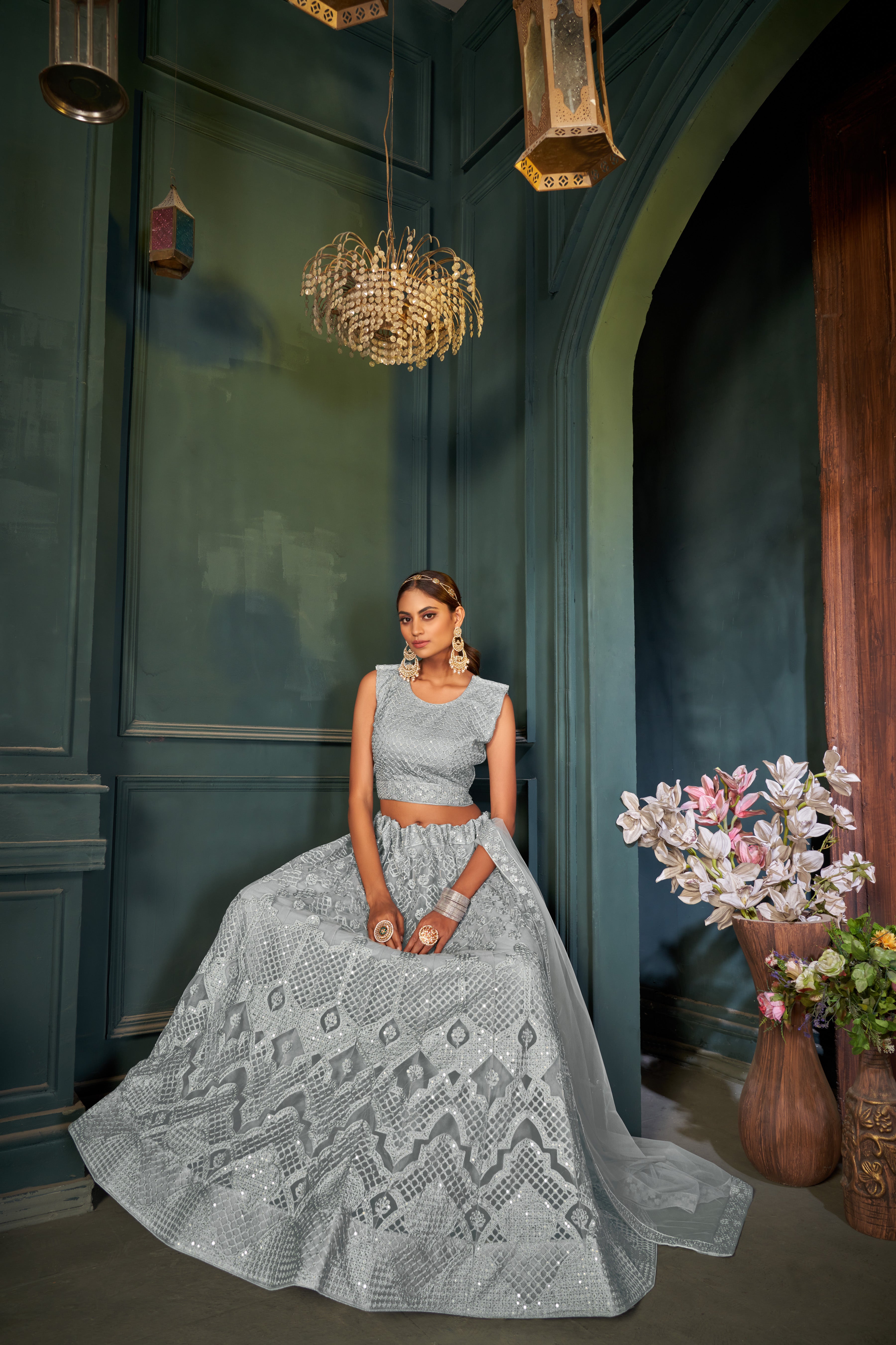 Grey Sequance work heavy semi-stitched lehengha choli