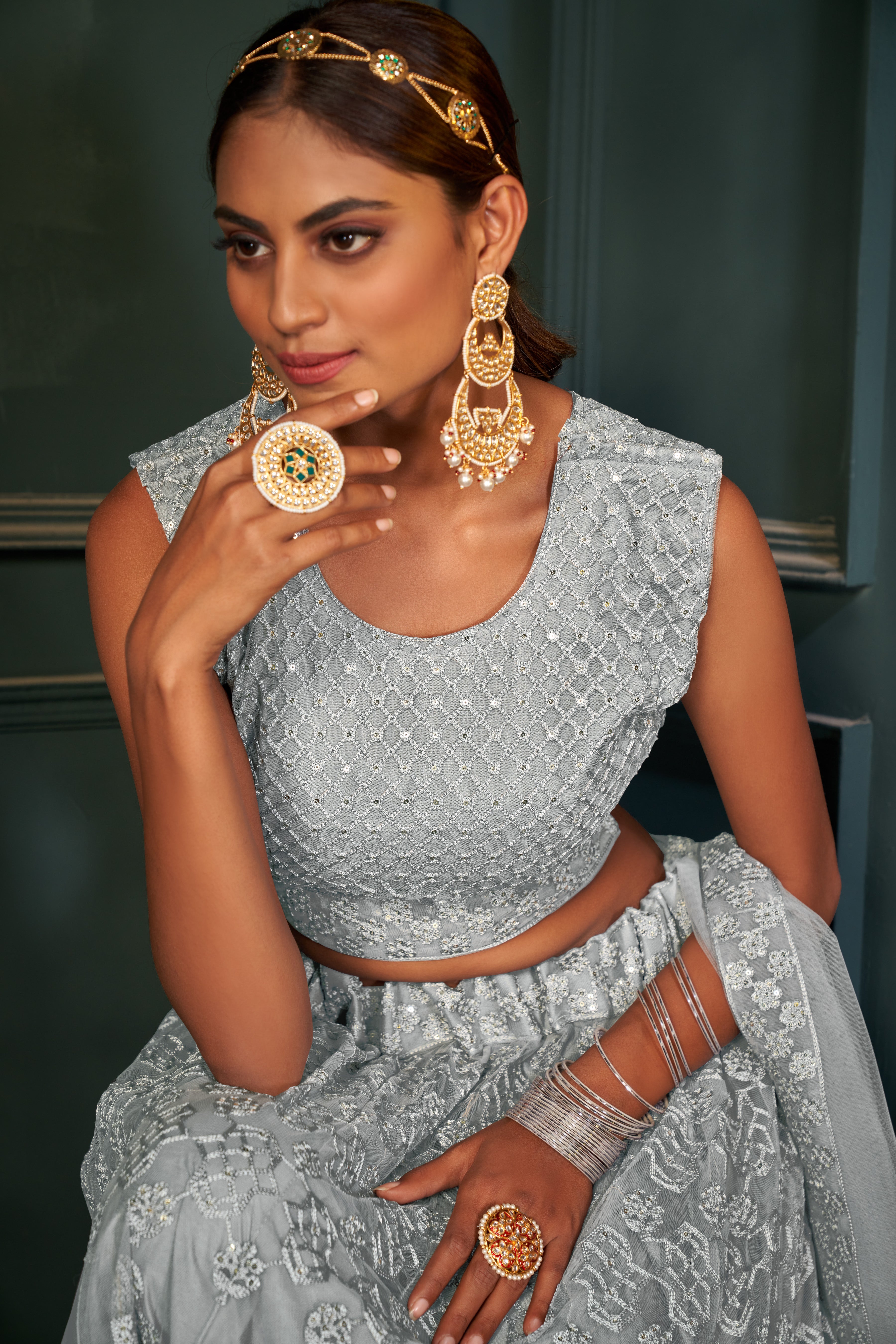 Grey Sequance work heavy semi-stitched lehengha choli