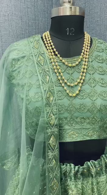 Sea Green Heavy Net With Sequence Embroidery Work Semi-Stitched Lehenga Choli