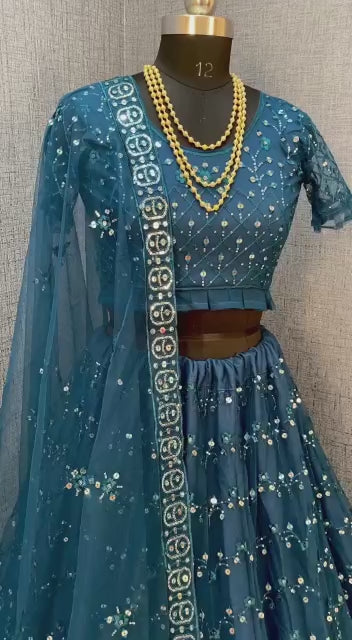 Blue Heavy Net Multi Embroidered With Foil Mirror Work Semi-Stitched Lehenga Choli