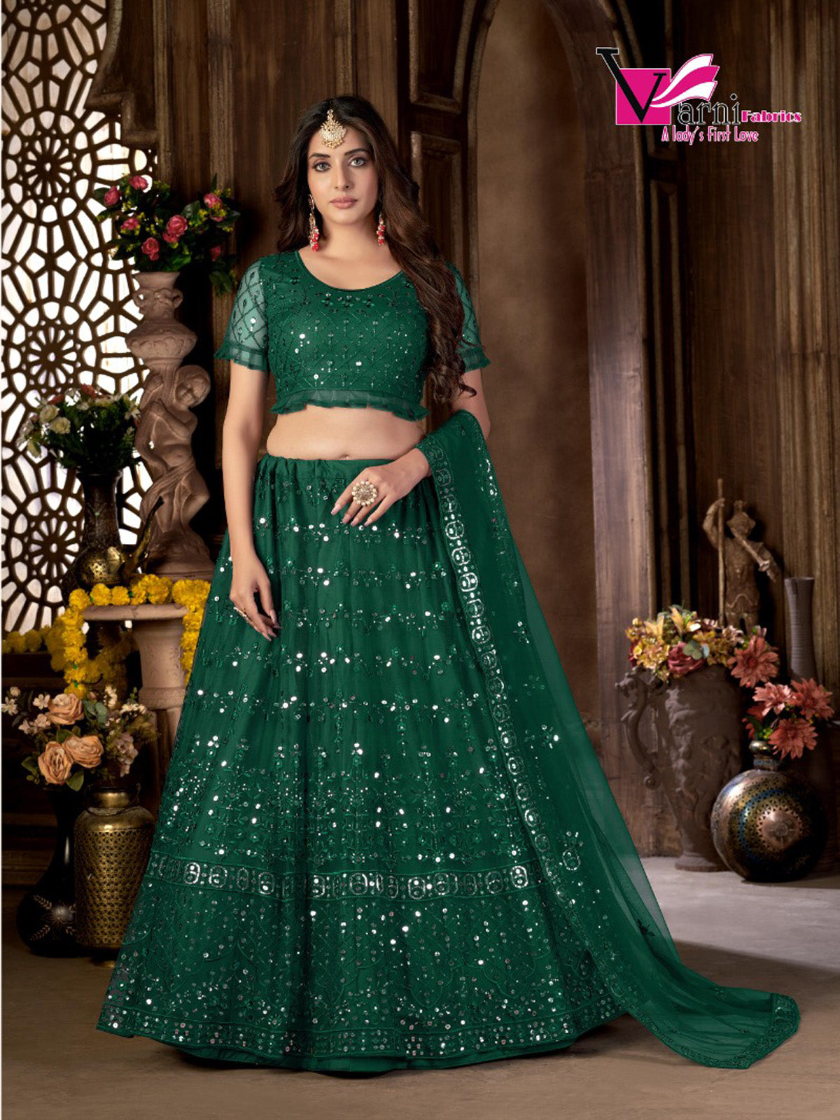 Green Heavy Net Multi Embroidered With Foil Mirror Work Semi-Stitched Lehenga Choli