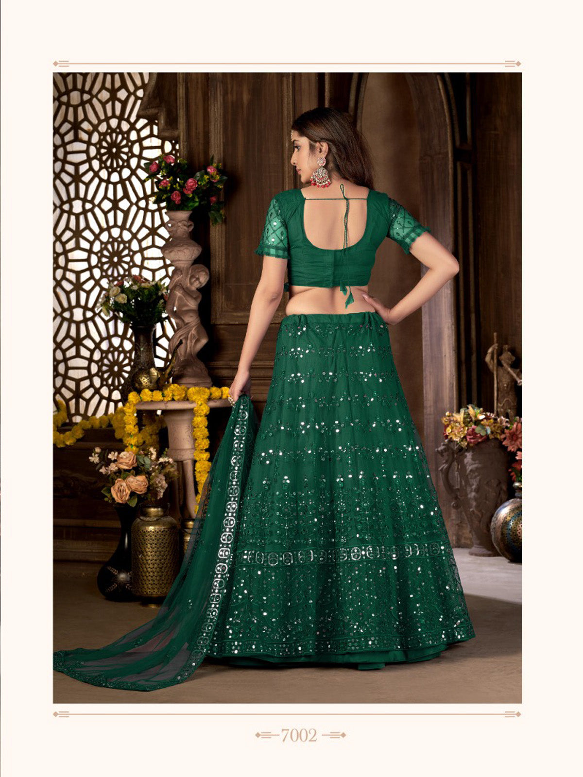 Green Heavy Net Multi Embroidered With Foil Mirror Work Semi-Stitched Lehenga Choli