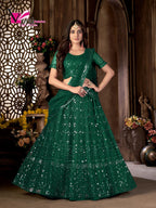 Green Heavy Net Multi Embroidered With Foil Mirror Work Semi-Stitched Lehenga Choli