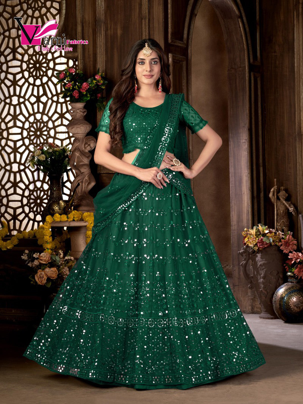 Green Heavy Net Multi Embroidered With Foil Mirror Work Semi-Stitched Lehenga Choli