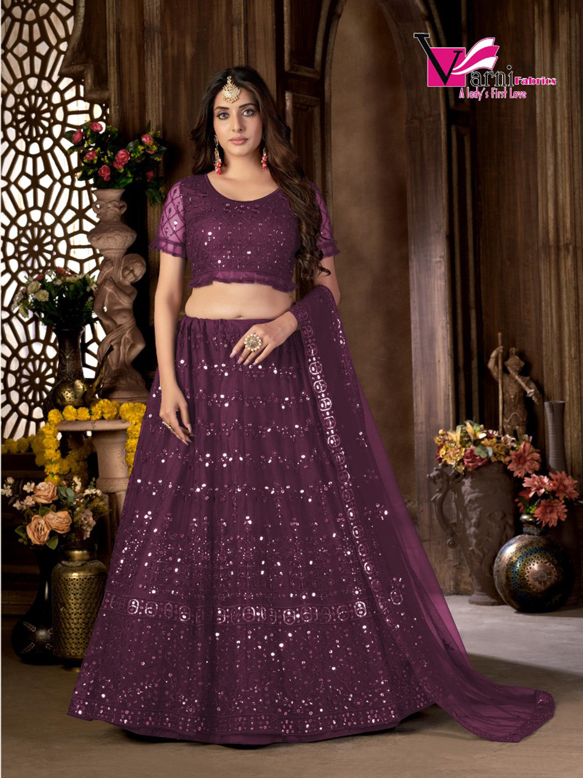 Wine Heavy Net Multi Embroidered With Foil Mirror Work Semi-Stitched Lehenga Choli