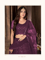 Wine Heavy Net Multi Embroidered With Foil Mirror Work Semi-Stitched Lehenga Choli