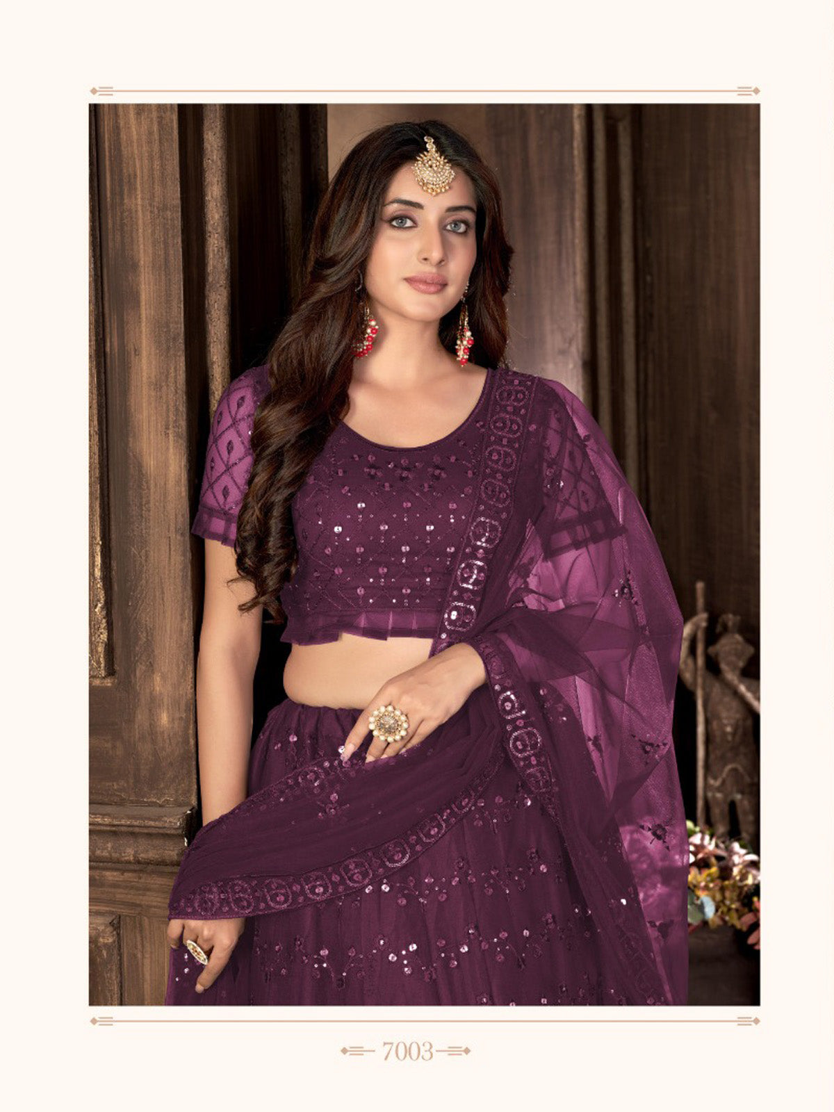 Wine Heavy Net Multi Embroidered With Foil Mirror Work Semi-Stitched Lehenga Choli