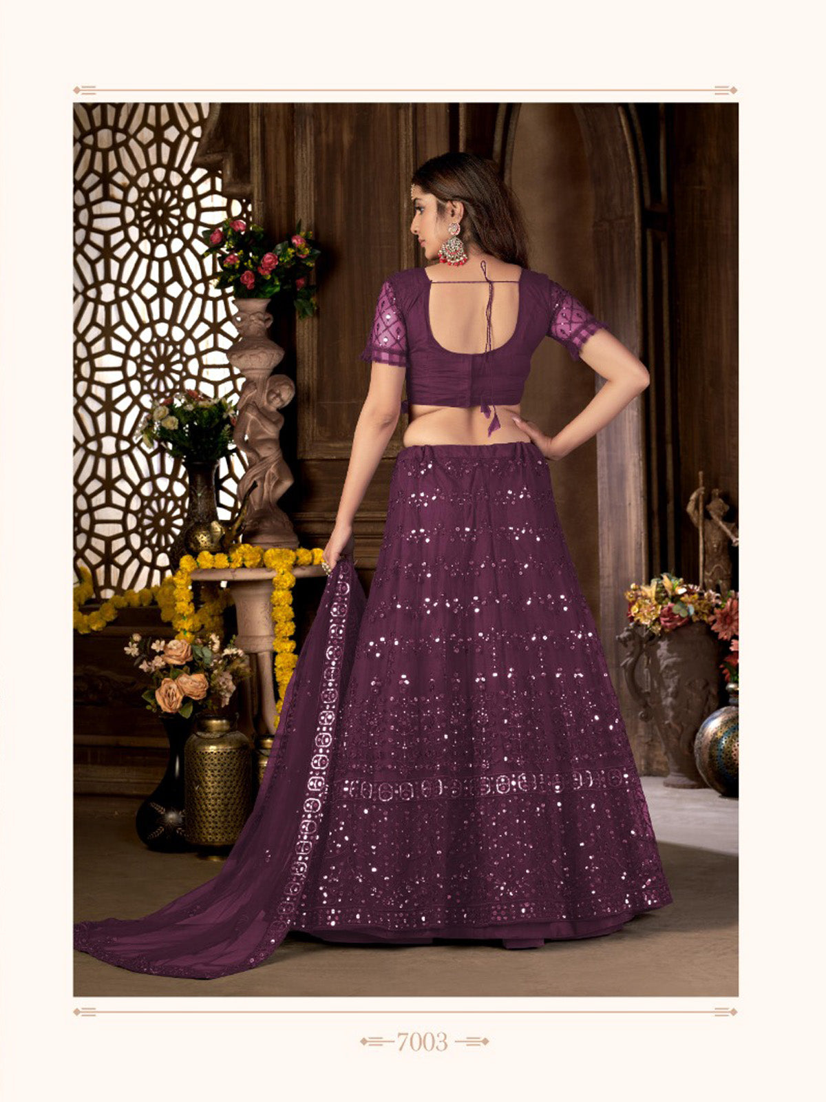 Wine Heavy Net Multi Embroidered With Foil Mirror Work Semi-Stitched Lehenga Choli