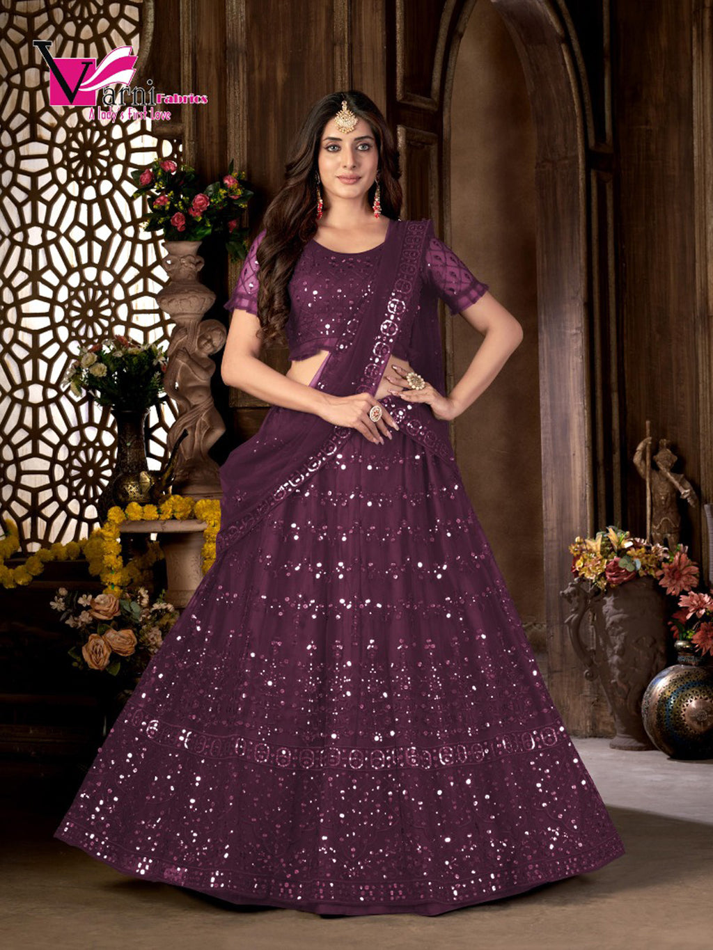 Wine Heavy Net Multi Embroidered With Foil Mirror Work Semi-Stitched Lehenga Choli
