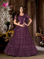 Wine Heavy Net Multi Embroidered With Foil Mirror Work Semi-Stitched Lehenga Choli
