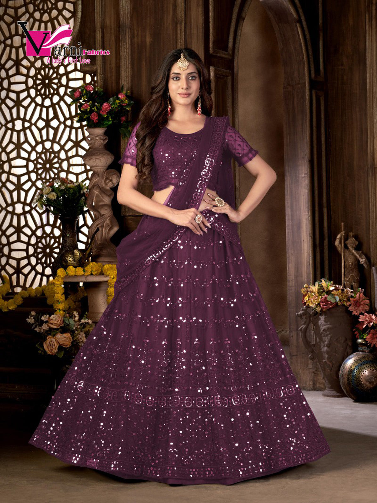 Wine Heavy Net Multi Embroidered With Foil Mirror Work Semi-Stitched Lehenga Choli