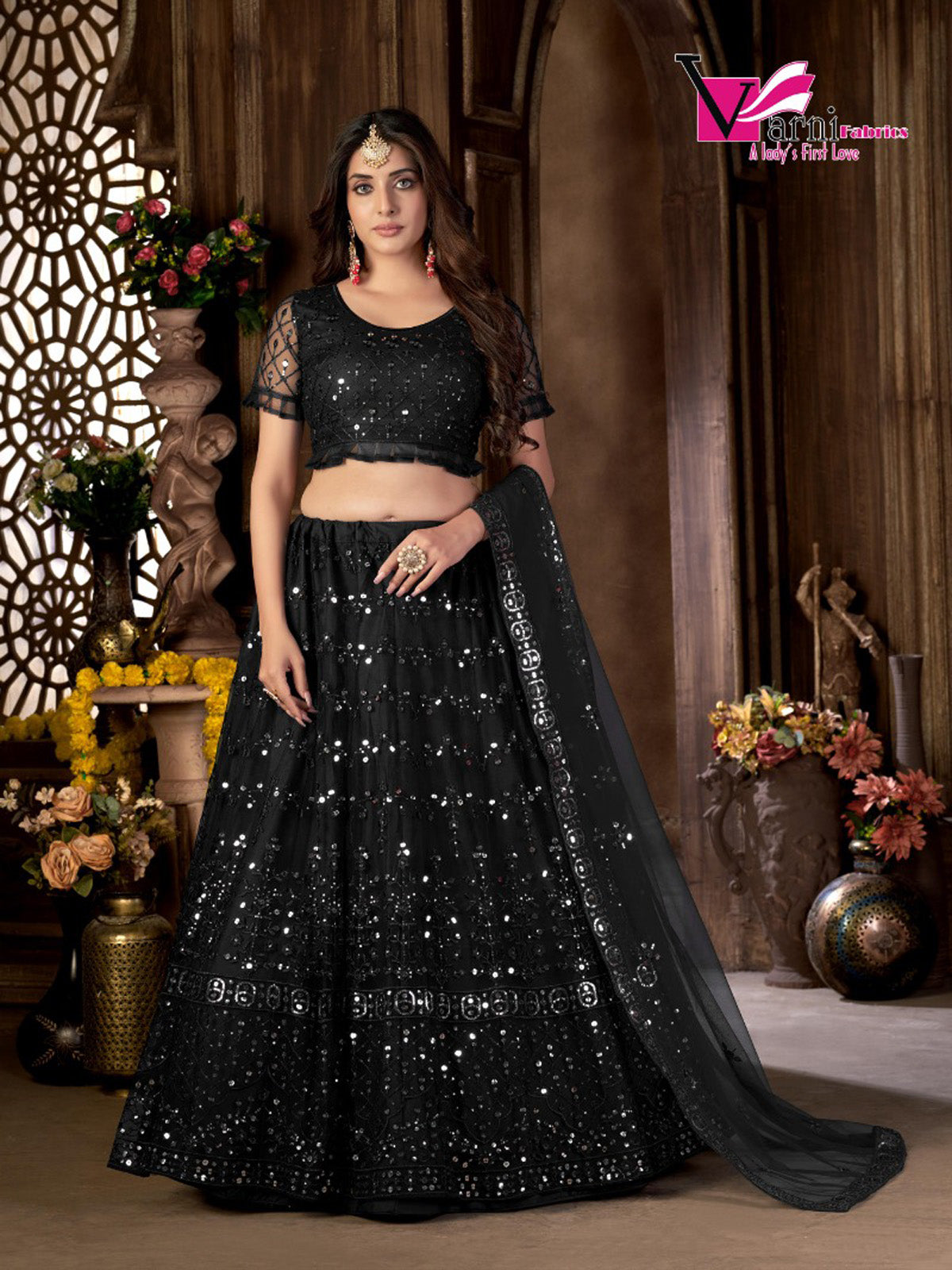 Black Heavy Net Multi Embroidered With Foil Mirror Work Semi-Stitched Lehenga Choli