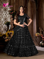 Black Heavy Net Multi Embroidered With Foil Mirror Work Semi-Stitched Lehenga Choli