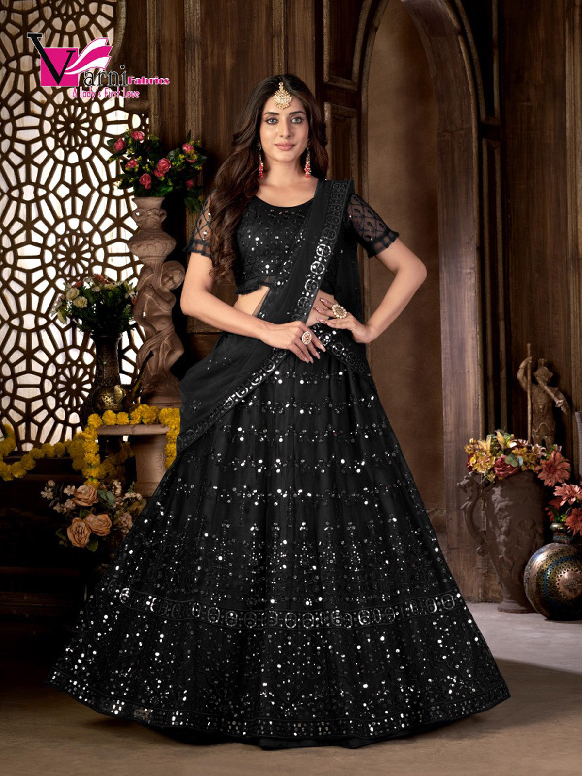 Black Heavy Net Multi Embroidered With Foil Mirror Work Semi-Stitched Lehenga Choli