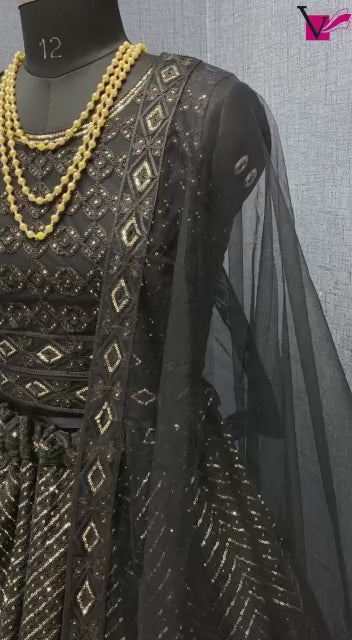 Black Heavy Net With Sequence Embroidery Work Semi-Stitched Lehenga Choli