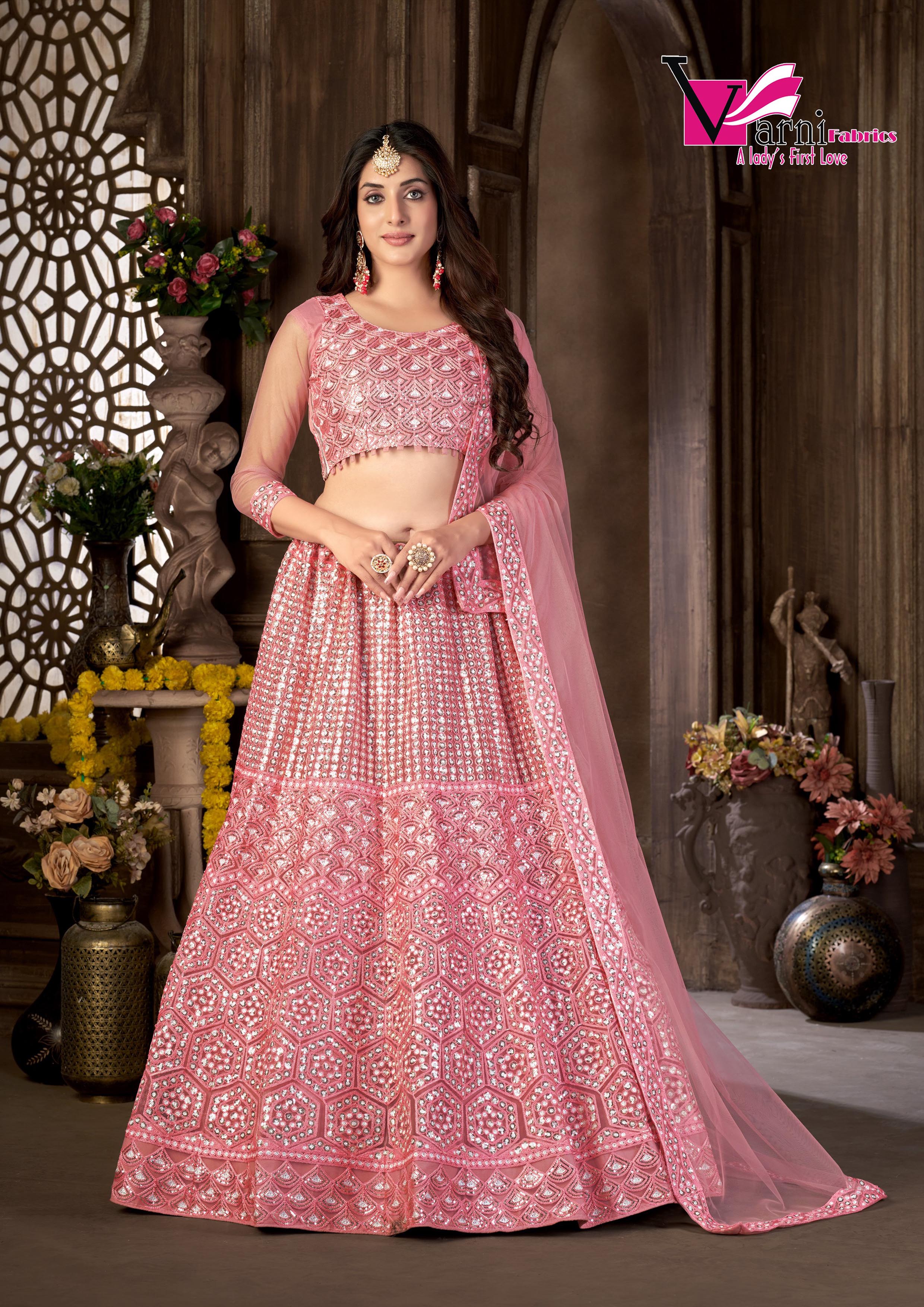 Pink Net with Cancan Heavy Sequence Embroidered Work Semi-Stitched Lehenga Choli