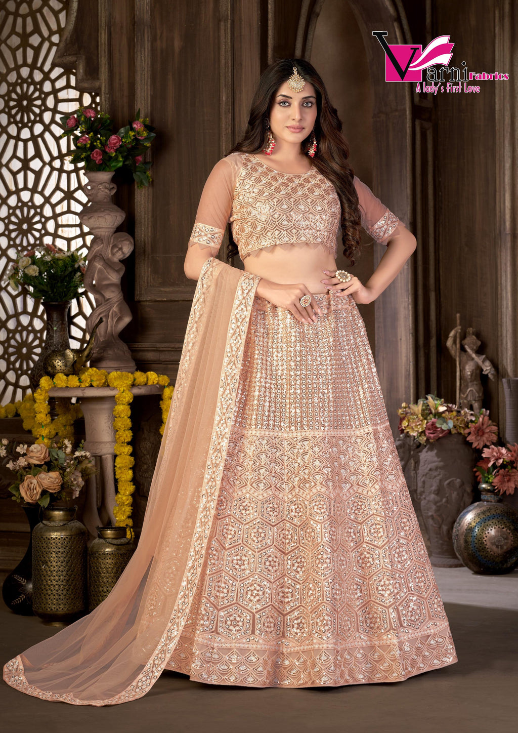 Peach Net with Cancan Heavy Sequence Embroidered Work Semi-Stitched Lehenga Choli