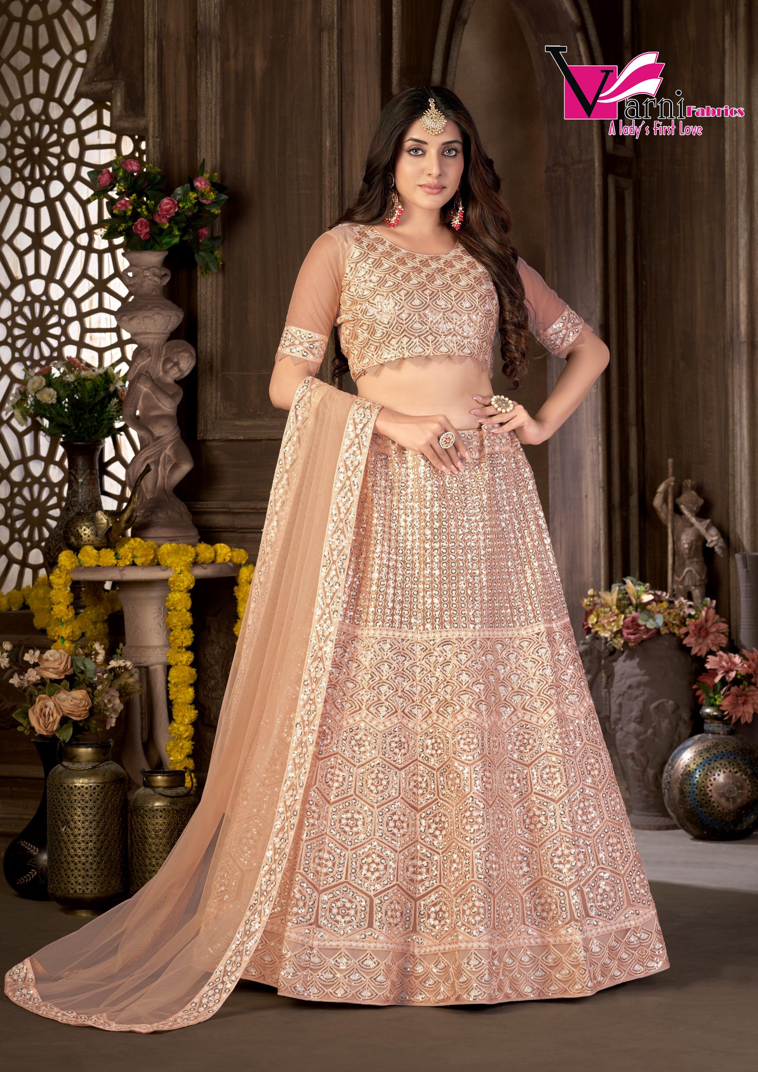 Peach Net with Cancan Heavy Sequence Embroidered Work Semi-Stitched Lehenga Choli