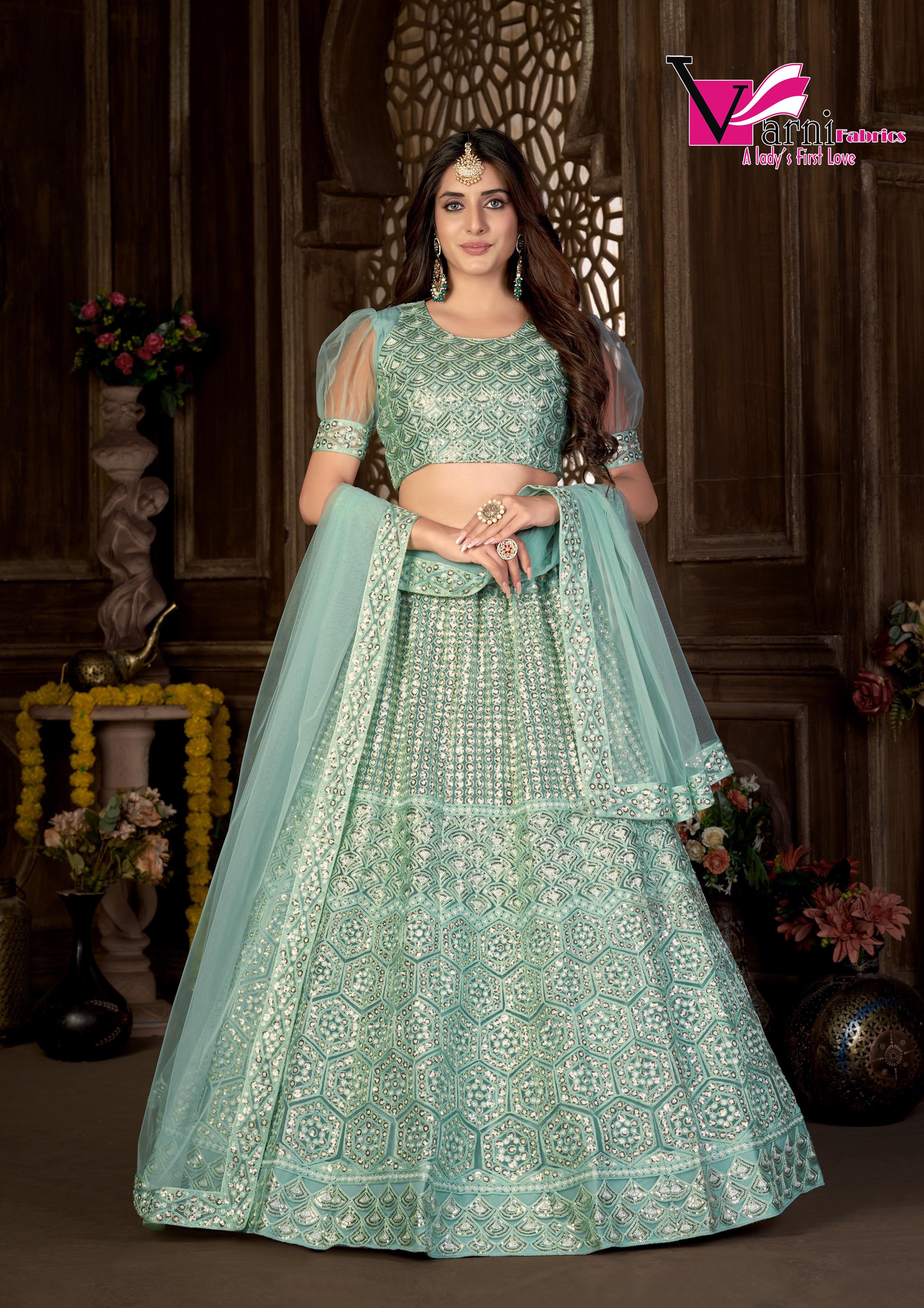 Sea Green Net with Cancan Heavy Sequence Embroidered Work Semi-Stitched Lehenga Choli