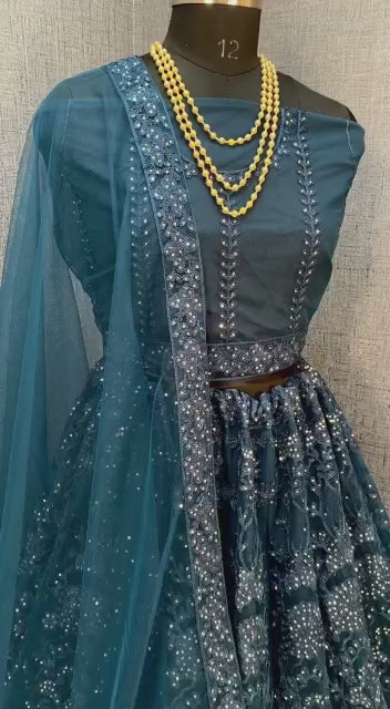 Blue Heavy Net With Printed Embroidered work Semi-Stitched Lehenga Choli