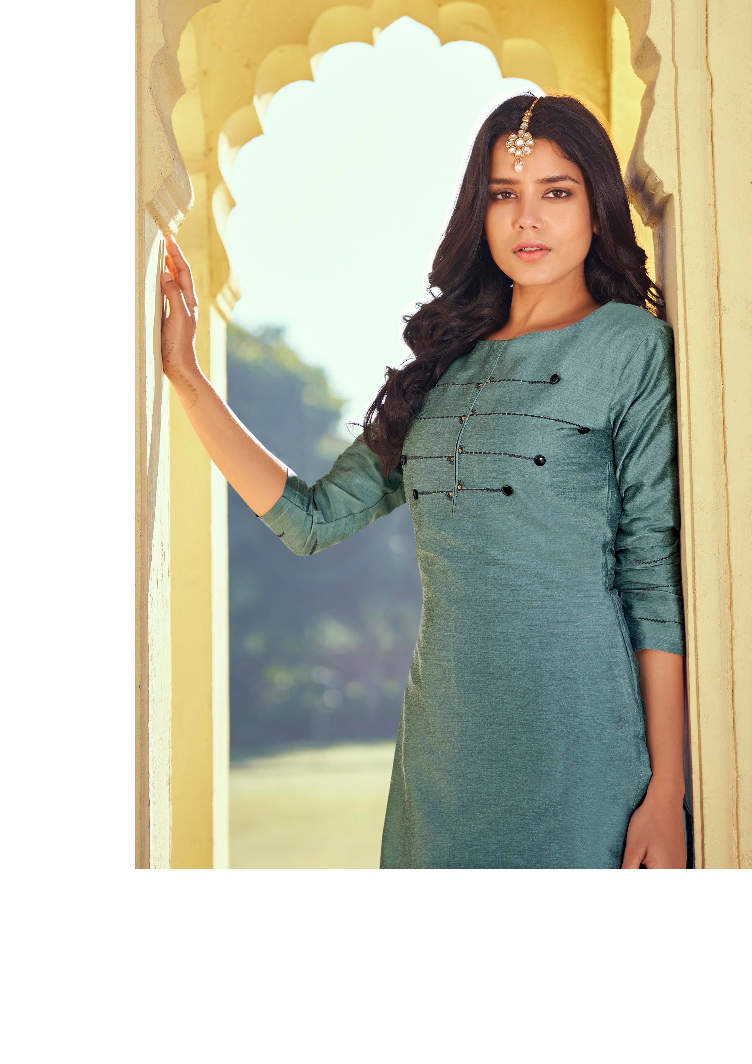 Teal Blue Roma Silk Designer Hand Embroidery Work Readymade Kurti