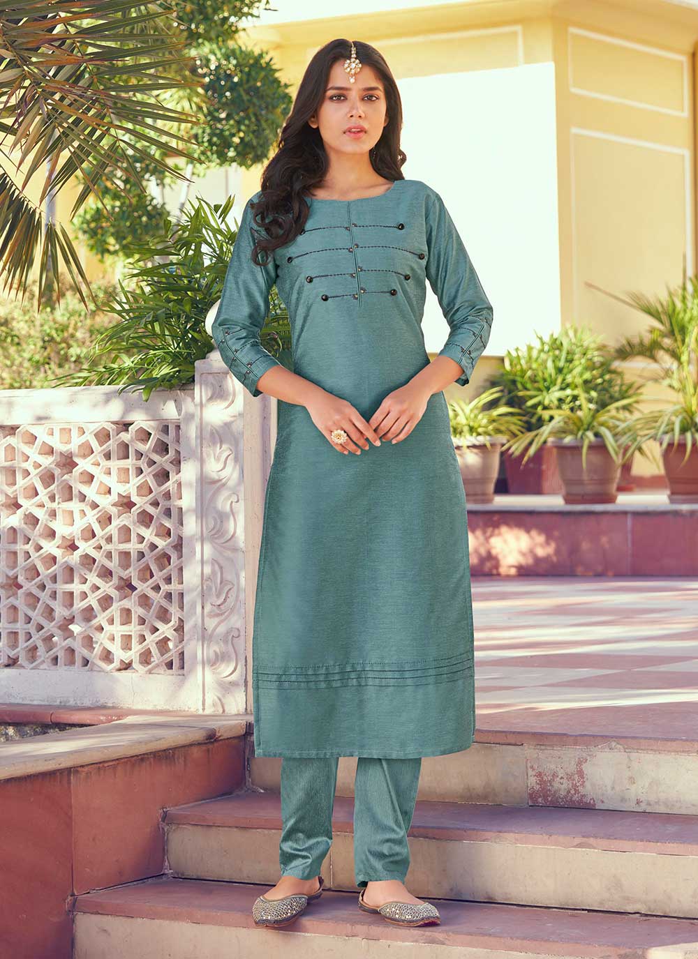 Teal Blue Roma Silk Designer Hand Embroidery Work Readymade Kurti